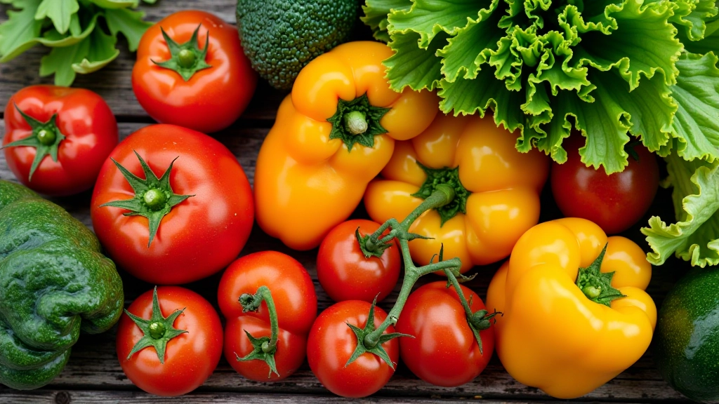 Variety of fresh harvested vegetables arranged on wooden table in natural light