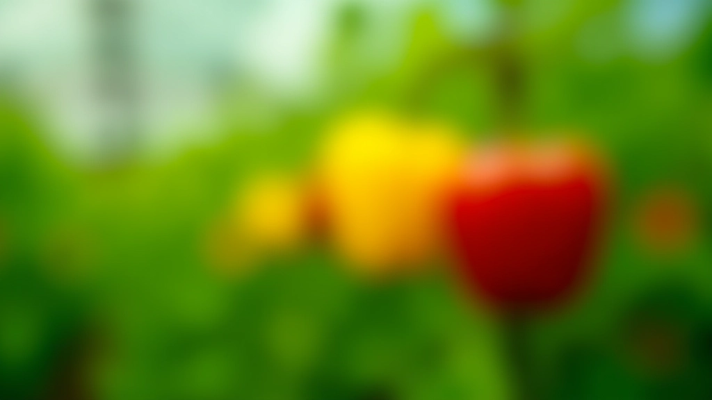 Bell peppers in various stages of ripeness from green to red on plant