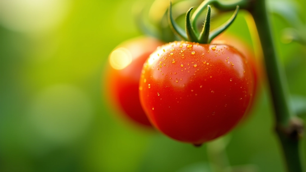Ripe red tomatoes on vine with water droplets, close-up showing color and texture