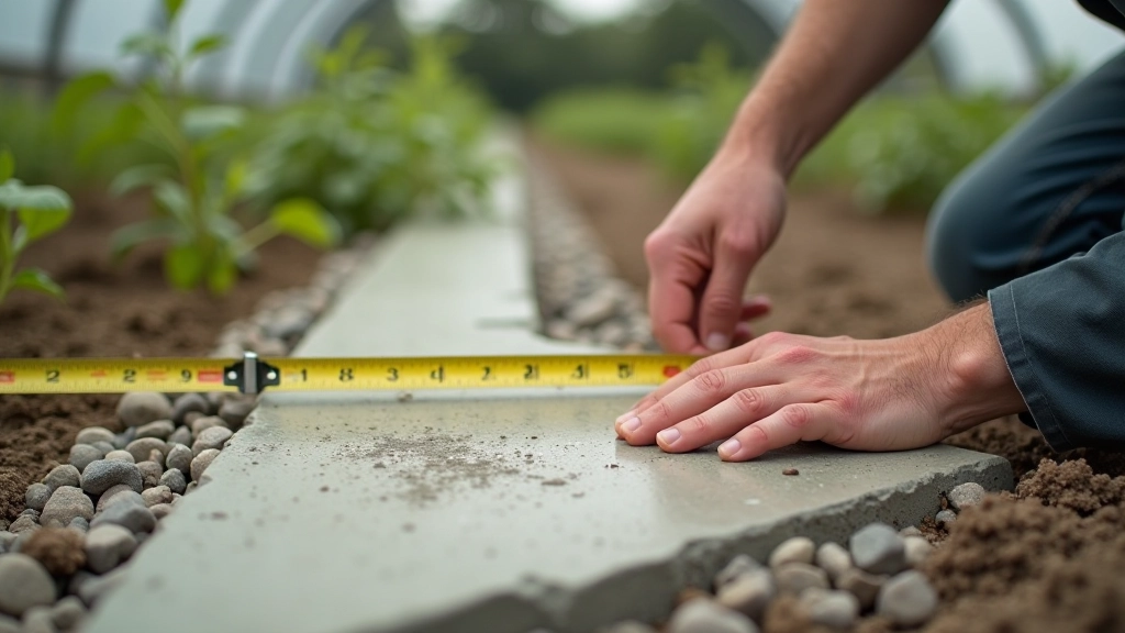 Close-up of concrete foundation footings with level surface and measuring tape, showing proper foundation preparation for greenhouse installation
