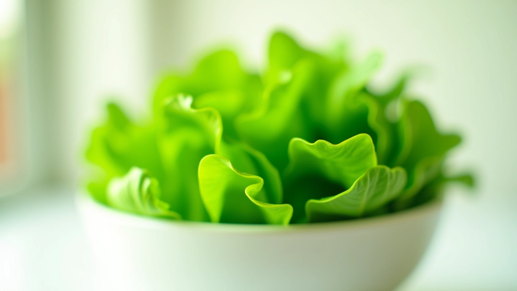 Fresh vibrant green leafy lettuce and spinach in white ceramic bowl with water droplets