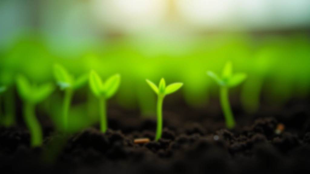 Close-up of seedlings sprouting in dark growing soil under greenhouse lights