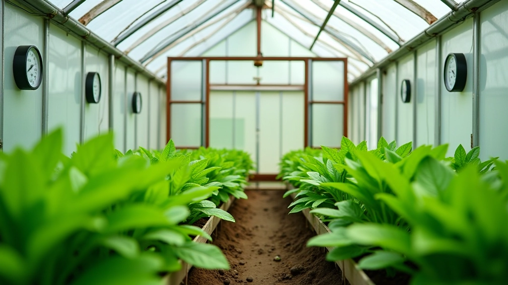 Interior of a well-ventilated greenhouse with multiple thermometers and humidity gauges positioned at different heights, green plants thriving in natural light