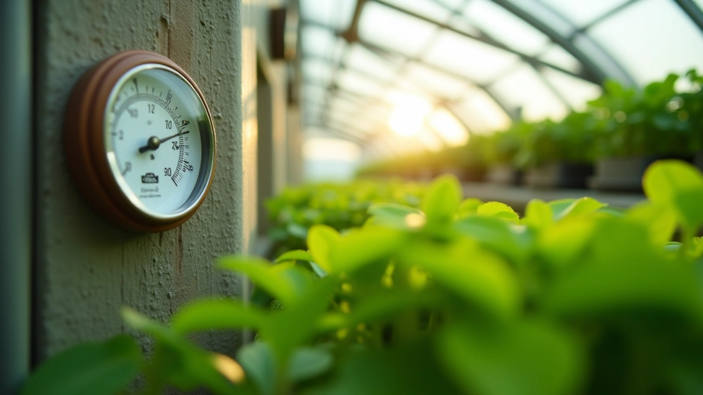 Interior view of working greenhouse with temperature gauge, ventilation fans, and growing plants on shelves