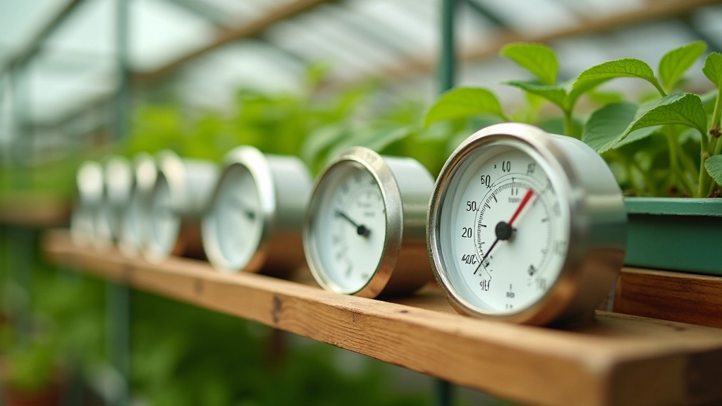 Three different types of thermometers arranged on a wooden shelf in a greenhouse setting, showing various temperature readings, natural lighting, clear detail