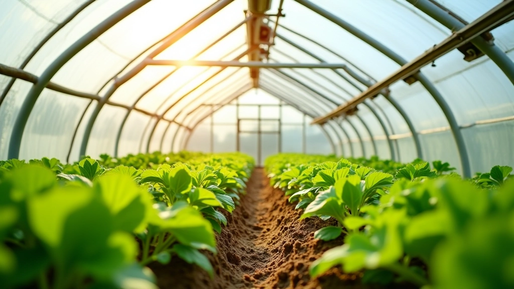 Greenhouse ventilation system with roof vents open, air flowing through, plants visible in background, bright sunny day, clear visibility