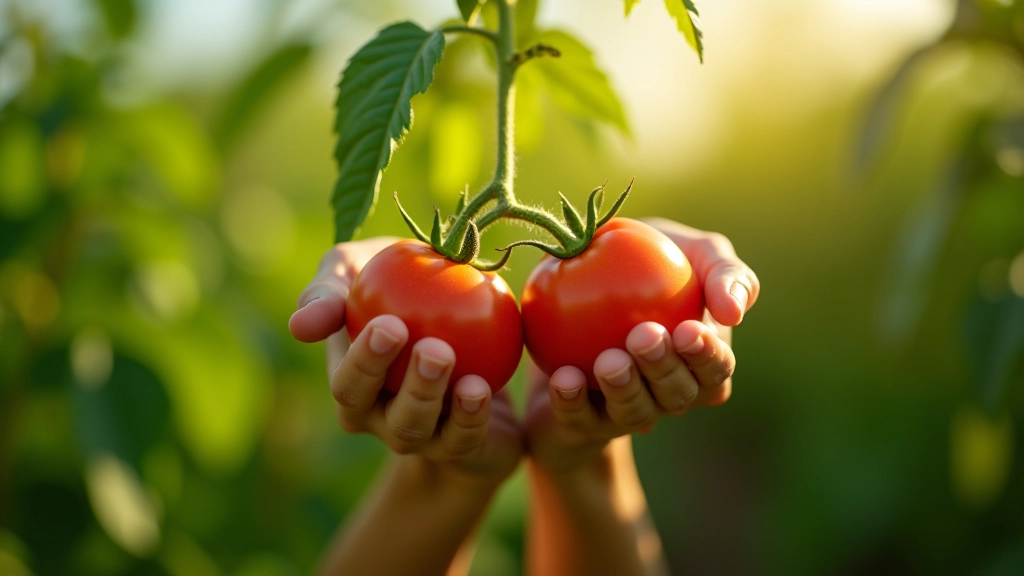 Hands gently harvesting ripe red tomatoes from plant in sunny greenhouse