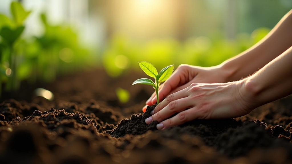 Hand planting seedlings in dark soil with sunlight from greenhouse roof