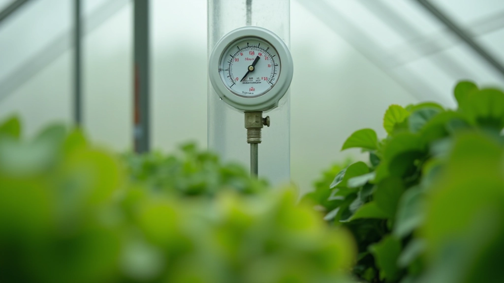 Close-up of humidity gauge showing percentage reading, mounted on greenhouse wall, clear numerical display, natural lighting