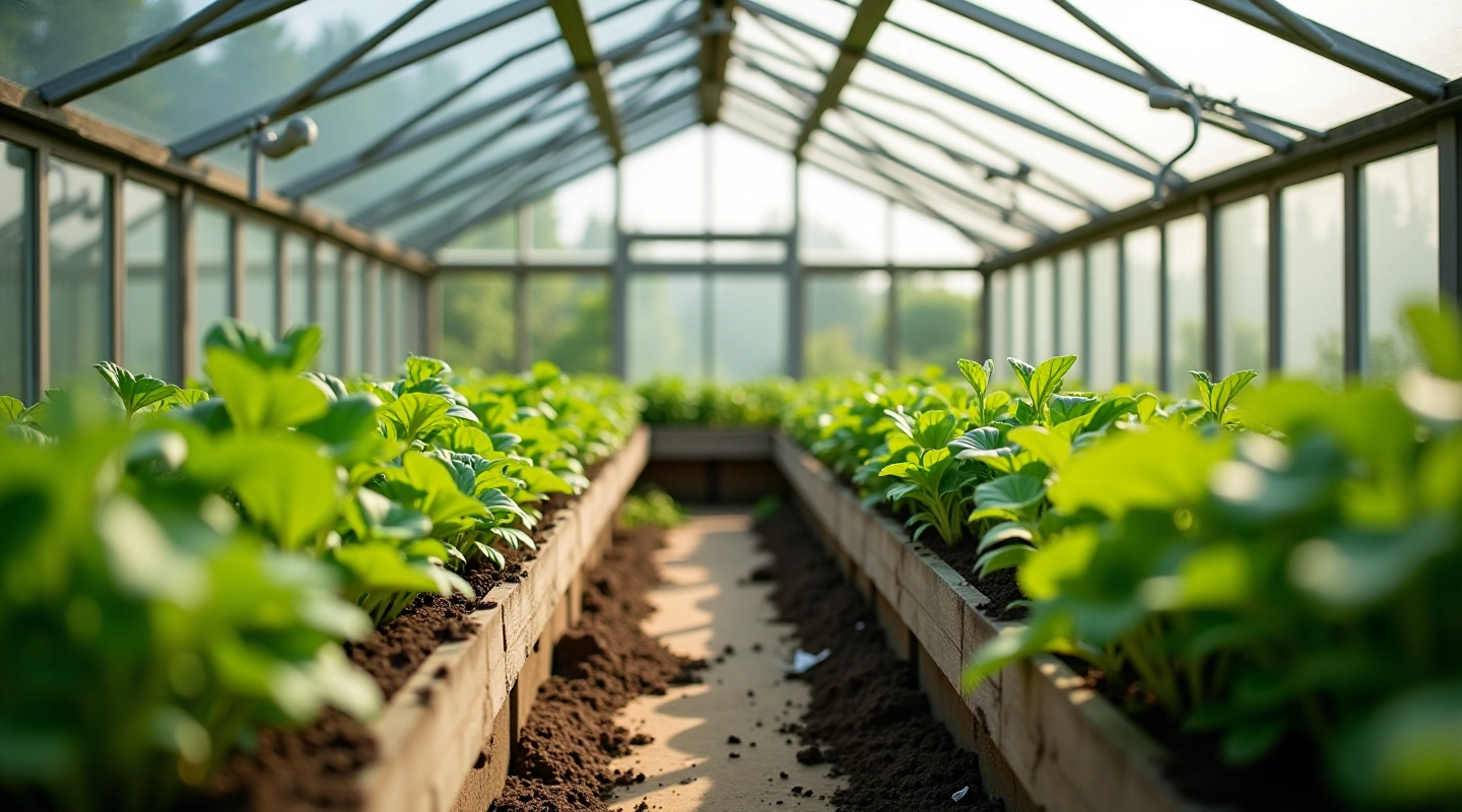 Interior view of a modern home greenhouse with lush green plants and organized growing beds