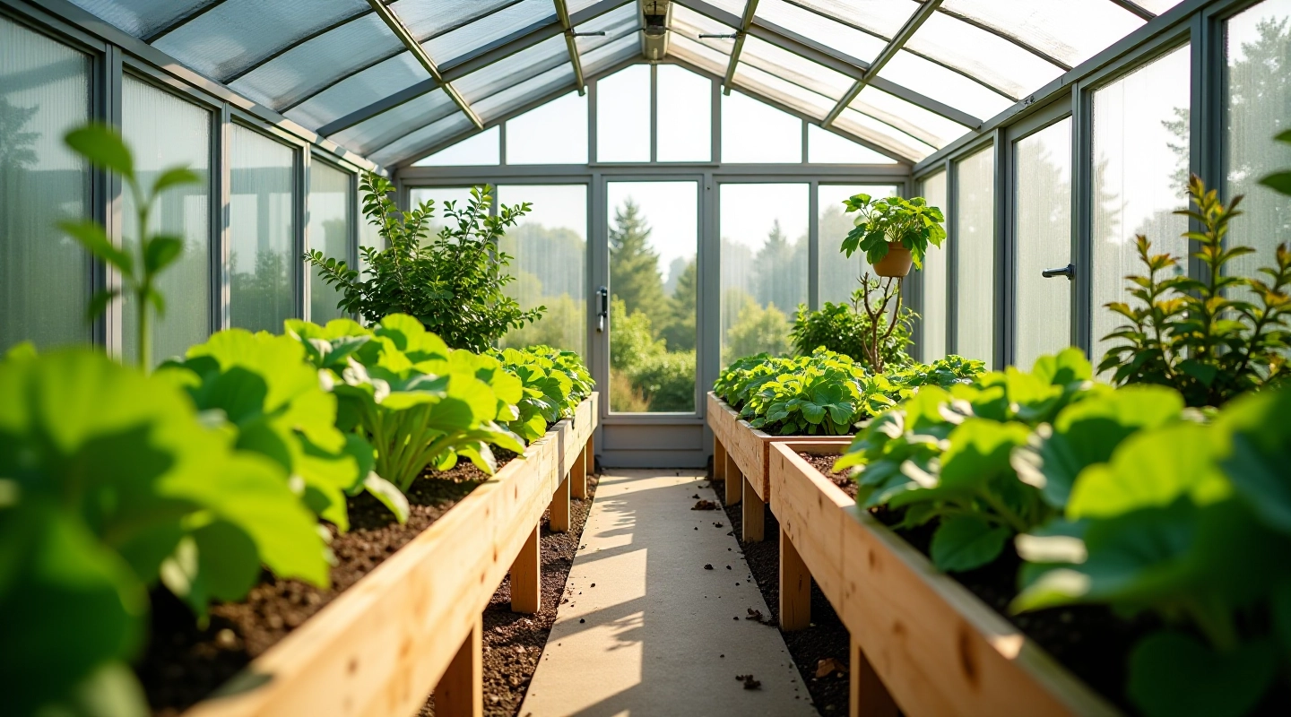 Modern greenhouse structure with glass panels and raised vegetable beds inside
