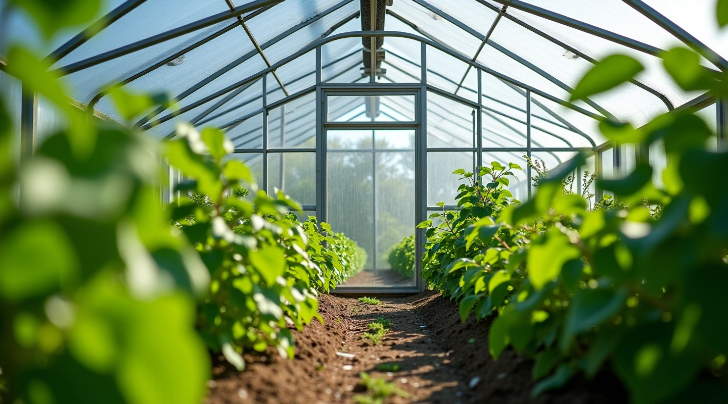 Modern residential greenhouse with glass panels and raised beds during growing season