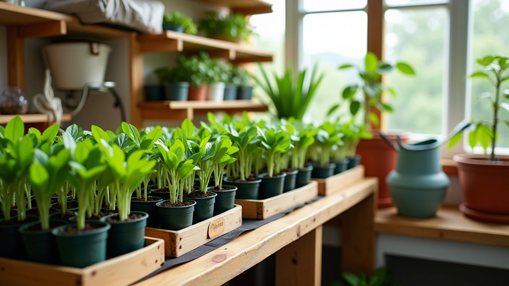 Organized seedling station with labeled trays, soil bags, and watering tools neatly arranged on shelves
