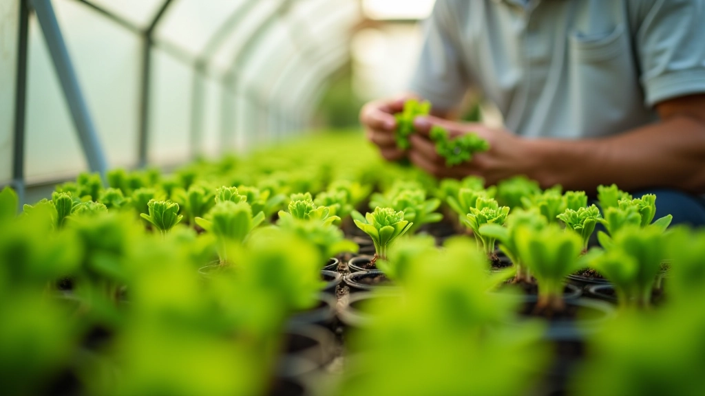 Gardener tending to vegetable seedlings inside a greenhouse workspace