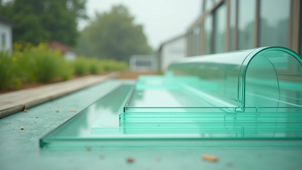 Glazing materials display showing polycarbonate sheets and glass panels used for greenhouse construction