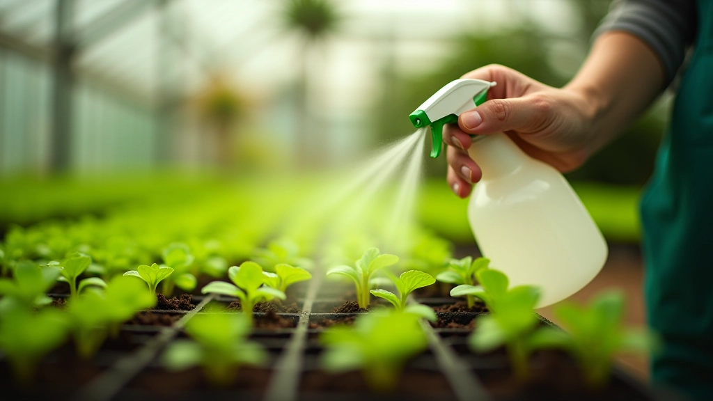 Close-up of seedling trays being watered with a fine misting spray, showing delicate green shoots in moist soil