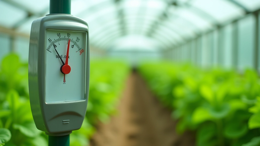 Thermometer and humidity gauge mounted on greenhouse wall with plants visible