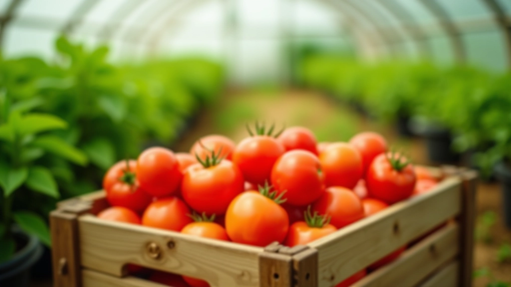Harvested ripe tomatoes in wooden crate with greenhouse rows visible in background